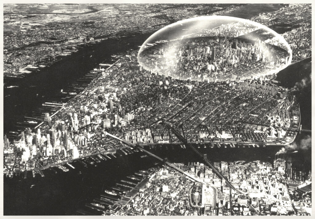 Aerial view of Manhattan featuring a futuristic concept with a transparent dome covering the skyline. The image showcases an imaginative architectural vision, with buildings and streets visible beneath the dome, surrounded by rivers and urban landscape.