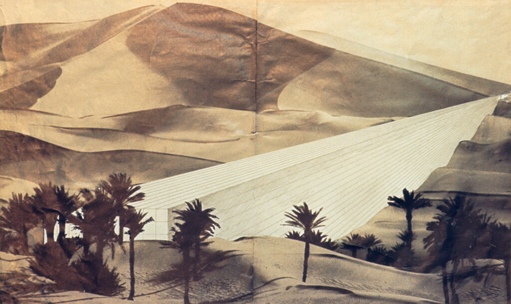 A landscape combining a sepia-toned desert with rolling dunes, overlaid by a modern geometric pattern resembling a stretched, translucent fabric. In the foreground, palm trees are scattered across the sandy terrain.