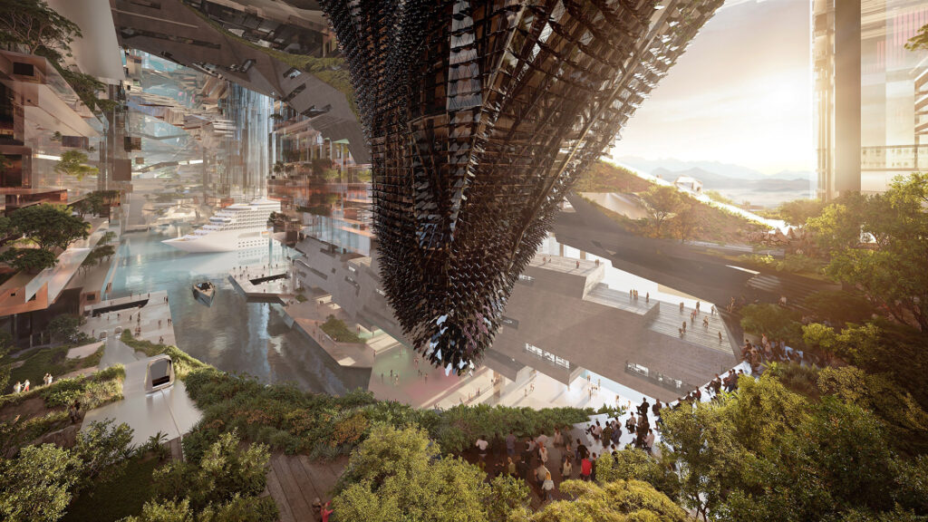 Futuristic architectural scene featuring a large, inverted pyramid-like structure with reflective surfaces over a canal. Modern buildings and lush greenery surround the area, with people walking below. The sun sets in the background, casting a warm glow.